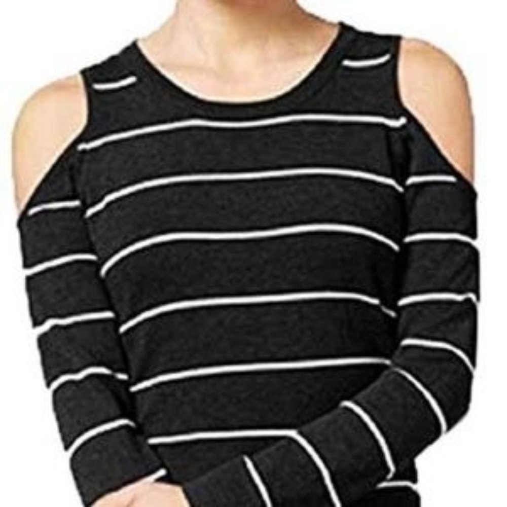 NWT Hippie Rose Womens Striped Cold Shoulder Lightweight Sweater S - Picture 1 of 7